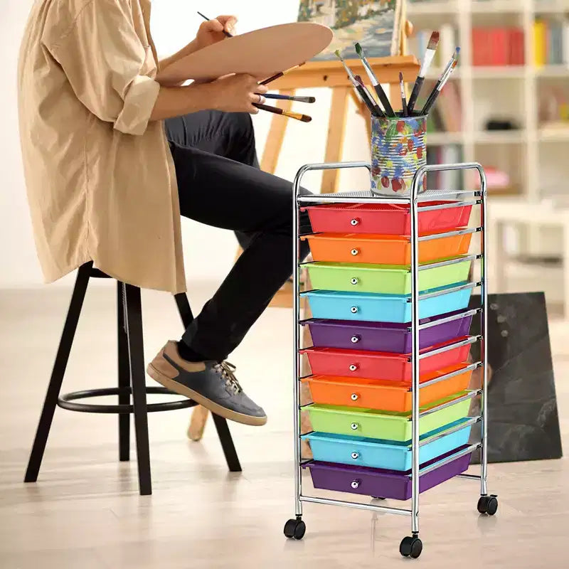 Chariot de rangement roulant à 10 tiroirs, Organisateur de bureau/école, Multicolore