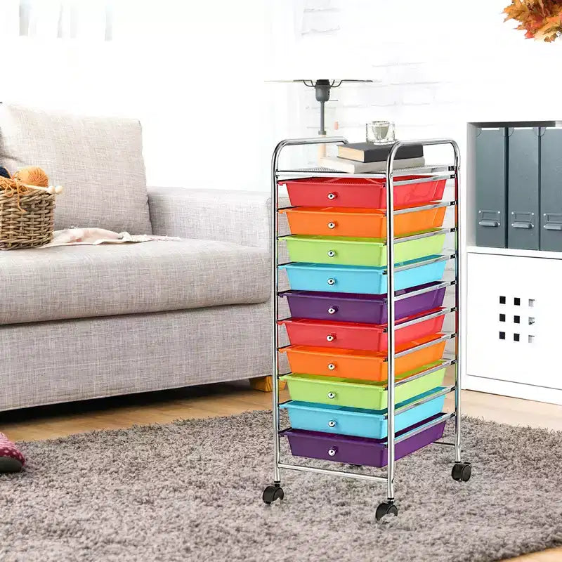 Chariot de rangement roulant à 10 tiroirs, Organisateur de bureau/école, Multicolore