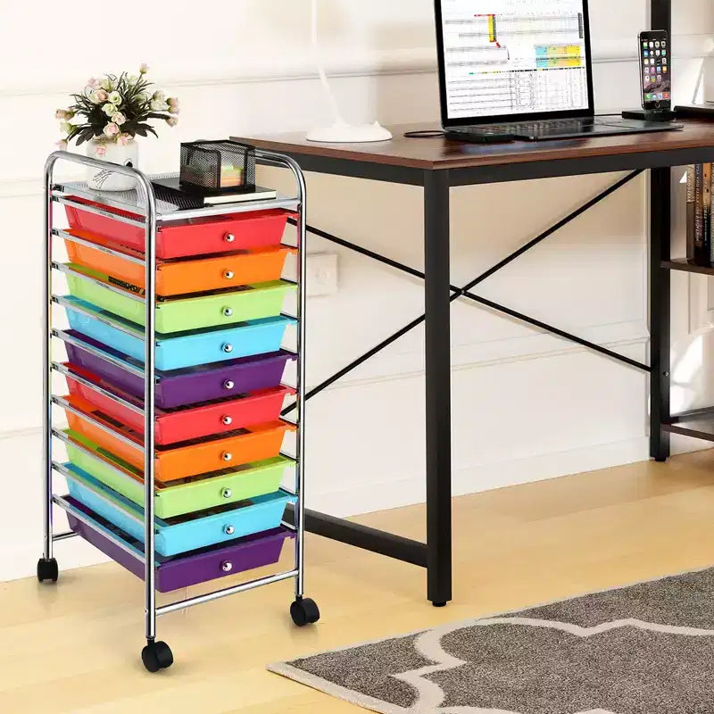Chariot de rangement roulant à 10 tiroirs, Organisateur de bureau/école, Multicolore