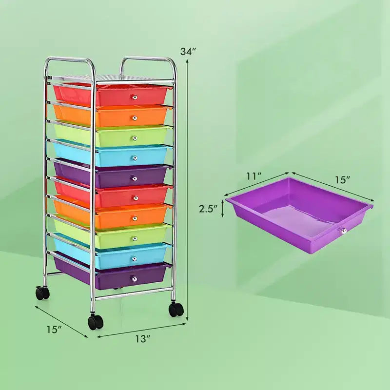 Chariot de rangement roulant à 10 tiroirs, Organisateur de bureau/école, Multicolore