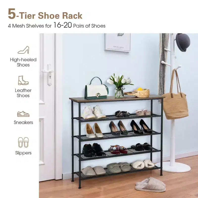 Range-chaussures 5 niveaux avec 4 étagères en maille métallique, pour 16 à 20 paires